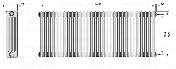 Схема (чертеж) Радиатор Zehnder Charleston 4120/30 №7610 Белый глянцевый RAL 9016